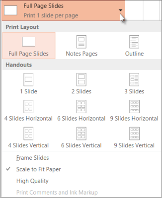 เมนู Print Layout ของจริงใน PowerPoint แสดงตัวเลือก Handouts จำนวนสไลด์ต่อหน้าต่างๆ