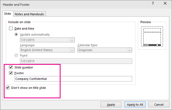 กล่องโต้ตอบ Header and Footer ตั้งค่าวันที่ เลขหน้า และข้อความท้ายกระดาษใน PowerPoint