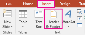 ปุ่ม Header & Footer อยู่ในแท็บ Insert กลุ่ม Text ของ PowerPoint