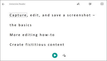 หน้าต่าง Immersive Reader แสดงข้อความพร้อมปุ่มอ่านออกเสียงใน PowerPoint