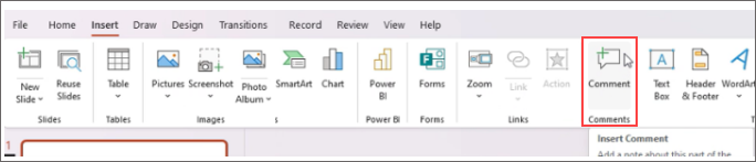 ปุ่ม Comment บนแท็บ Insert ใน PowerPoint พร้อมกล่องคอมเมนต์ที่กำลังพิมพ์อยู่บนสไลด์