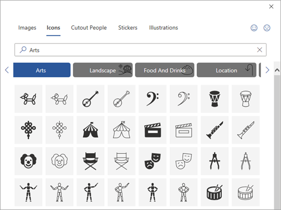 หน้าต่างค้นหาและเลือกไอคอนของจริงใน PowerPoint แสดงหมวดหมู่และผลการค้นหา