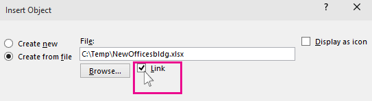 กล่องโต้ตอบ Insert Object ใน PowerPoint ติ๊กเลือก Link เพื่อเชื่อมโยงไฟล์ Excel แทนการฝังสำเนา