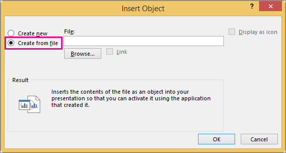 กล่องโต้ตอบ Insert Object ใน PowerPoint เลือก Create from file เพื่อแทรกไฟล์ PDF