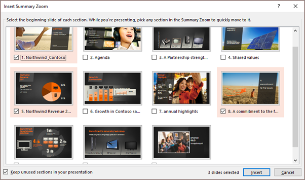 หน้าต่าง Insert Summary Zoom ของจริงใน PowerPoint ให้ติ๊กเลือกสไลด์เริ่มต้นของแต่ละหัวข้อ