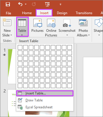 เมนู Insert Table ใน PowerPoint ลากเลือกจำนวนแถวคอลัมน์