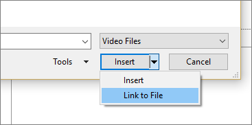 ตัวเลือก Insert และ Link to File ในกล่องแทรกวิดีโอของ PowerPoint