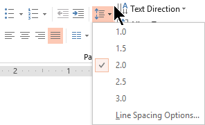 เมนู Line Spacing บนแท็บ Home ใน PowerPoint แสดงตัวเลือกระยะห่างบรรทัด 1.0 ถึง 3.0