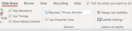 ตัวเลือก Always Use Subtitles ในแท็บ Slide Show ของ PowerPoint