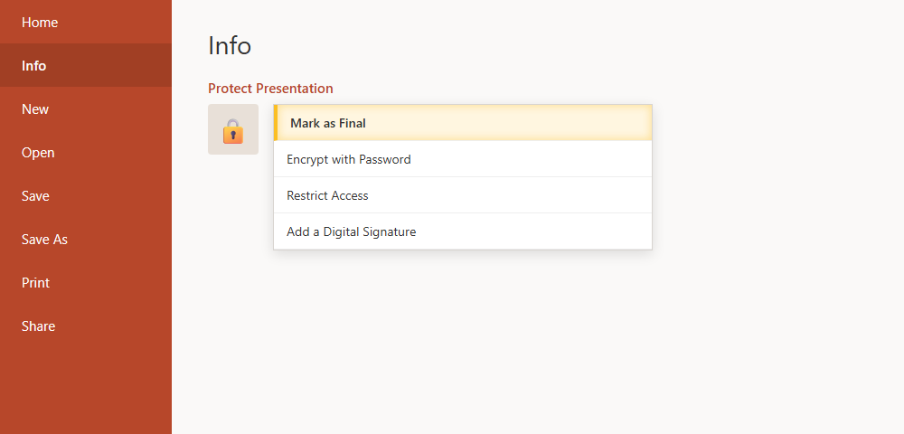 เมนู Protect Presentation ในหน้า File Info ของ PowerPoint แสดงตัวเลือก Mark as Final