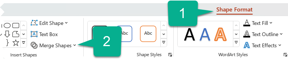 ปุ่ม Merge Shapes ของจริงในแท็บ Shape Format ของ PowerPoint