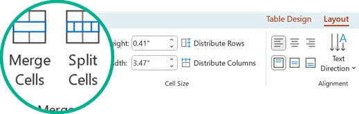 ปุ่ม Merge Cells และ Split Cells บนแท็บ Layout ของตาราง ใน PowerPoint