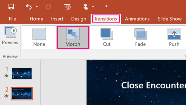 ปุ่ม Morph ของจริงในแท็บ Transitions ของ PowerPoint ที่ใช้เชื่อมการเคลื่อนไหวระหว่างสไลด์