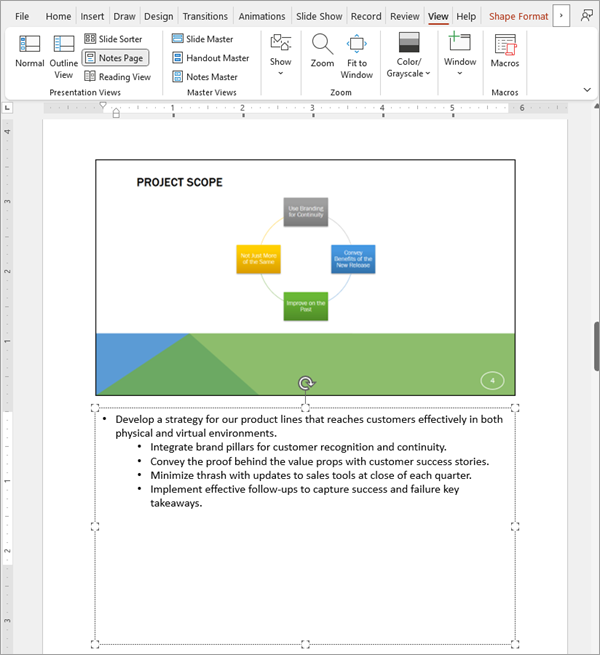 ตัวอย่างจริงของ Notes Page ใน PowerPoint แสดงภาพสไลด์ด้านบนและกล่องโน้ตวิทยากรด้านล่าง