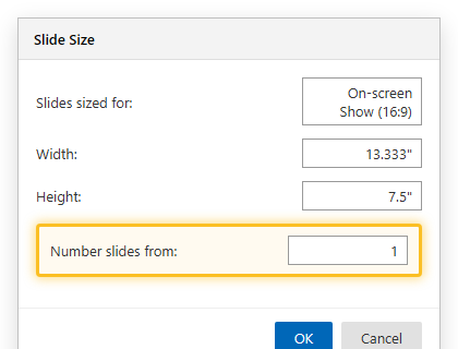 กล่องโต้ตอบ Slide Size ใน PowerPoint แสดงช่อง Number slides from สำหรับตั้งเลขสไลด์เริ่มต้น