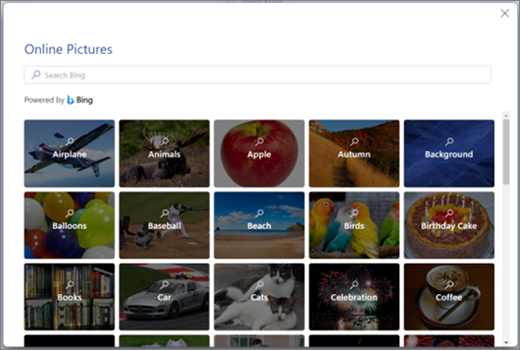 หน้าต่าง Online Pictures ใน PowerPoint แสดงช่องค้นหา Bing และรูปภาพตัวอย่างให้เลือก