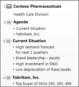 ตัวอย่างโครงเรื่องแบบลำดับชั้นใน Outline View ของ PowerPoint