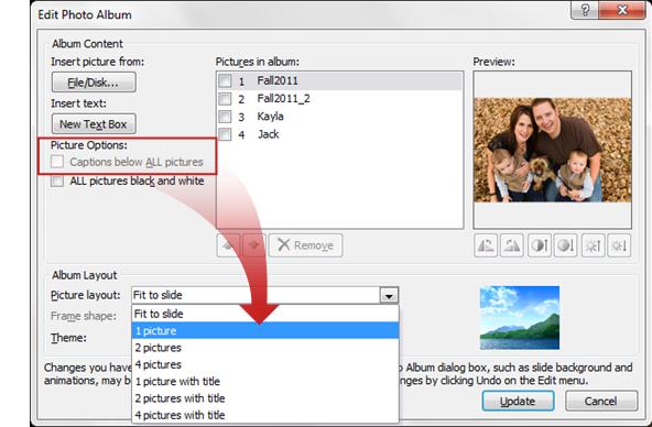 กล่องโต้ตอบ Edit Photo Album ใน PowerPoint แสดงรายการรูปภาพ ตัวเลือก Layout และพรีวิว