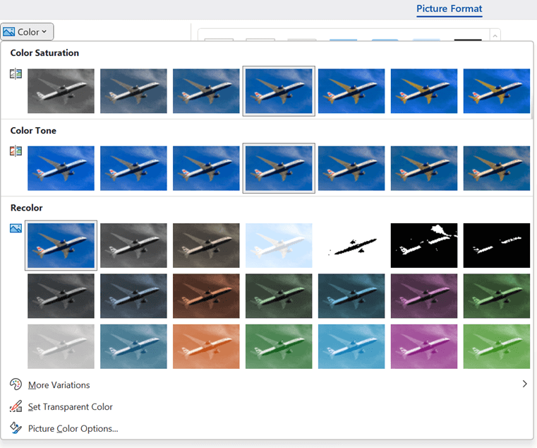 แกลเลอรี Color บนแท็บ Picture Format ใน PowerPoint แสดงตัวเลือก Color Saturation, Color Tone และ Recolor