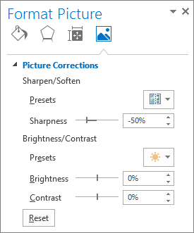พาเนล Format Picture แท็บ Picture Corrections ใน PowerPoint แสดงตัวเลื่อน Sharpness, Brightness และ Contrast