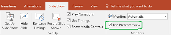 ตัวเลือก Use Presenter View ของจริงในแท็บ Slide Show ของ PowerPoint