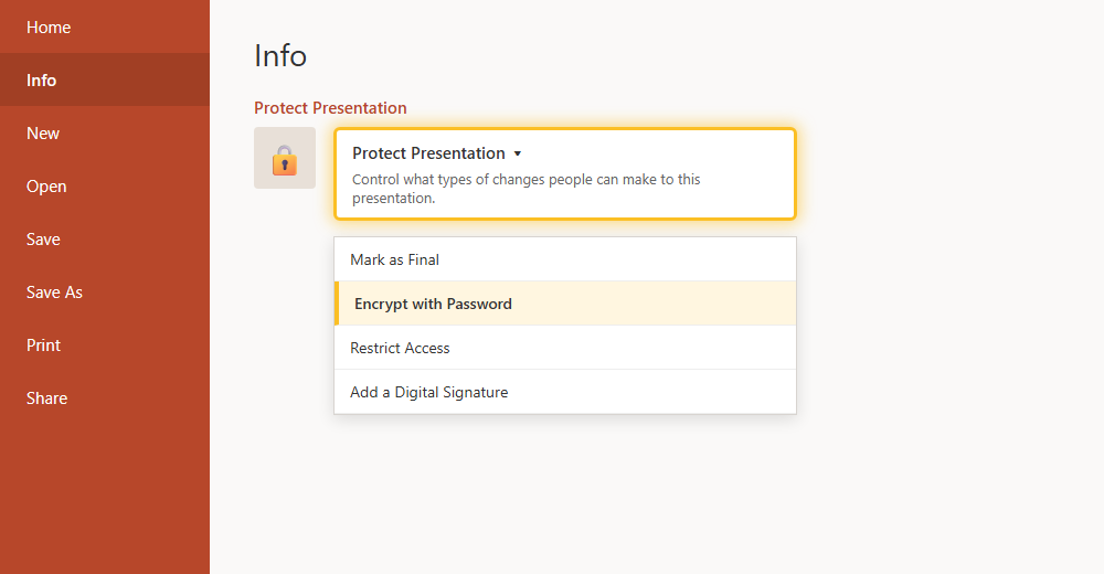 เมนู Protect Presentation ในหน้า File Info ของ PowerPoint แสดงตัวเลือก Encrypt with Password