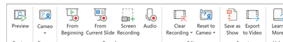 แท็บ Record ใน PowerPoint แสดงปุ่ม From Beginning, From Current Slide, Screen Recording, Audio