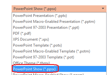 ตัวเลือกประเภทไฟล์ตอนบันทึก PowerPoint แสดง PowerPoint Show (*.ppsx) และตัวเลือกอื่นๆ