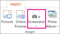 ปุ่ม Screenshot อยู่ในแท็บ Insert กลุ่ม Images ของ PowerPoint