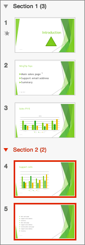 บานสไลด์ของจริงใน PowerPoint ที่แบ่งเป็น Section 1 และ Section 2 พร้อมจำนวนสไลด์ในแต่ละหมวด