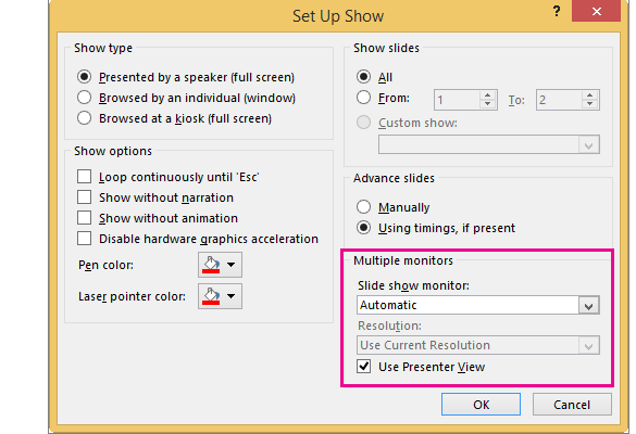 การตั้งค่า Multiple monitors และ Use Presenter View ในหน้าต่าง Set Up Show