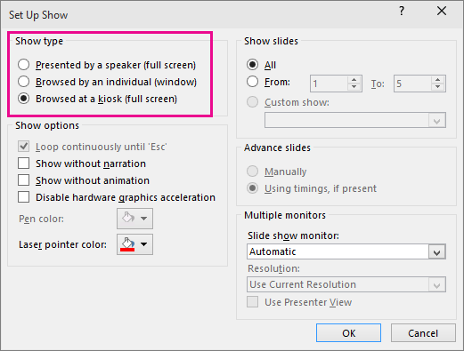 กล่องโต้ตอบ Set Up Show เลือกประเภท Kiosk และตั้งค่าวนซ้ำใน PowerPoint