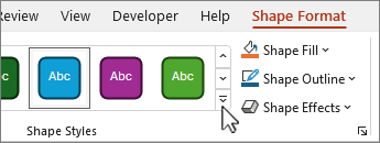 แท็บ Shape Format ใน PowerPoint แสดงปุ่ม Shape Fill, Shape Outline และ Shape Effects