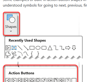 หมวด Action Buttons ในเมนู Shapes ของ PowerPoint