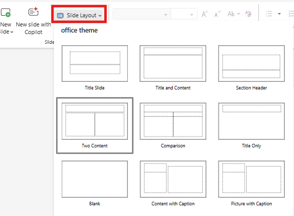 เมนู Slide Layout บนแท็บ Home ใน PowerPoint แสดงแกลเลอรีโครงสร้างสไลด์ให้เลือก
