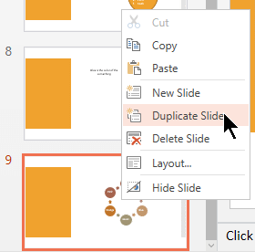 เมนูคลิกขวาบนแถบ Thumbnail สไลด์ใน PowerPoint แสดงตัวเลือก New Slide, Duplicate Slide, Delete Slide, Layout และ Hide Slide