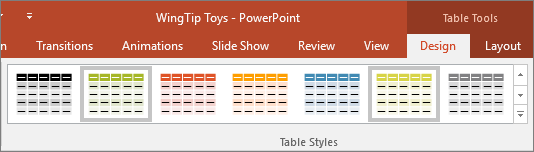 แกลเลอรี Table Styles ในแท็บ Table Design ของ PowerPoint