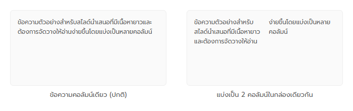 เปรียบเทียบข้อความคอลัมน์เดียวกับแบ่งเป็น 2 คอลัมน์ในกล่องข้อความ PowerPoint