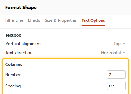แผง Format Shape แท็บ Text Options ตั้งค่า Columns ใน PowerPoint