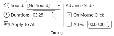 กลุ่ม Timing ของจริงในแท็บ Transitions ของ PowerPoint แสดงช่อง After สำหรับตั้งเวลาสไลด์