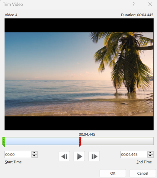 หน้าต่าง Trim Video ของจริงใน PowerPoint แสดงจุดสีเขียว/แดงและช่อง Start Time, End Time
