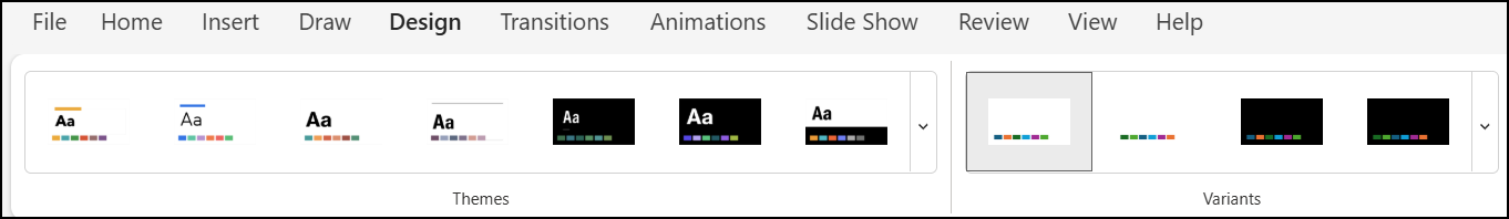 แถบริบบอนของ PowerPoint for the web แสดงแท็บ File, Home, Insert, Draw, Design พร้อมแกลเลอรีธีมและ Variants