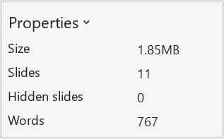 แถบ Properties ในหน้า File Info ของ PowerPoint แสดงจำนวน Slides, Hidden slides และ Words