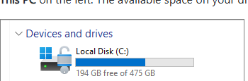File Explorer บน Windows 11 แสดงพื้นที่ดิสก์ Local Disk (C:) เหลือ 194 GB จาก 475 GB