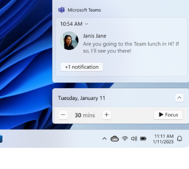 แผงแจ้งเตือนของ Windows 11 แสดงตัวตั้งเวลา Focus Session 30 นาที