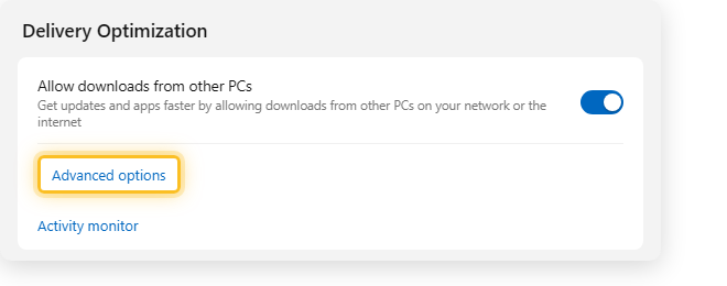 หน้า Delivery Optimization แสดงสวิตช์ Allow downloads from other PCs บน Windows 11