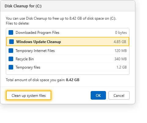 หน้าต่าง Disk Cleanup แสดงรายการ Windows Update Cleanup และปุ่ม Clean up system files บน Windows 11