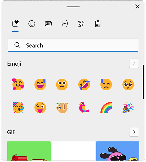 แผง Emoji Panel บน Windows 11 พร้อมแท็บ GIF Kaomoji และ Symbols