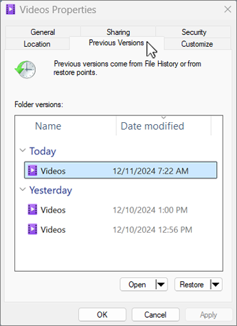 แท็บ Previous Versions ในกล่อง Properties แสดงรายชื่อเวอร์ชันไฟล์ย้อนหลังบน Windows 11