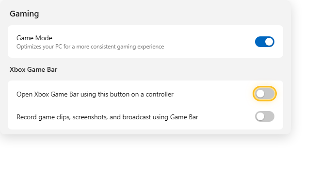 ปิดสวิตช์ Xbox Game Bar และ Game Mode ในหน้า Settings Gaming บน Windows 11